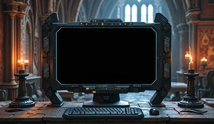 Front computer with black screen in a medieval cyberpunk environment