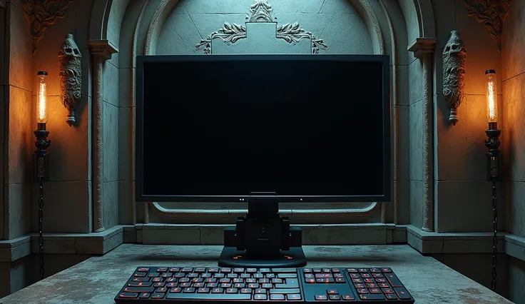 Front computer with black screen in a medieval cyberpunk environment