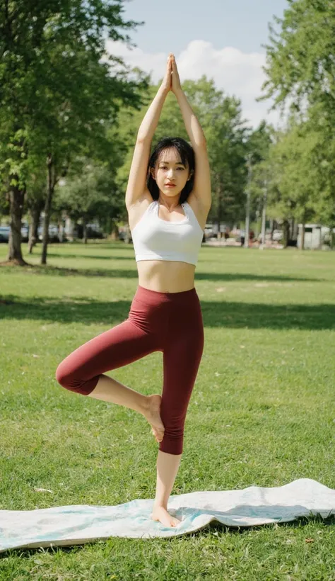 A beautiful girl practicing yoga in the park