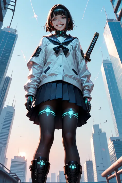  in a futuristic city on a vibrant neon night 、 A determined high school girl in a summer sailor suit is standing on the roof of a skyscraper 。She has a large shiny katana in her left hand, 、 her blade reflects the citys colorful light 。 high-rise holograp...