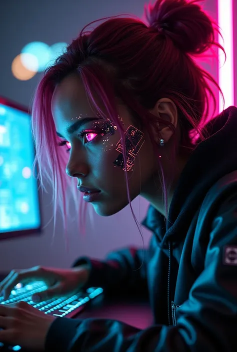 cyberpunk, biracial black and white woman, netrunner, hacking a computer, dark pink hair, with cyberware on face, pink eyes