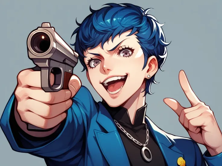 Persona 5 Joker, pointing a gun, 90s, anime, japanese pop, intense, front view, plain background