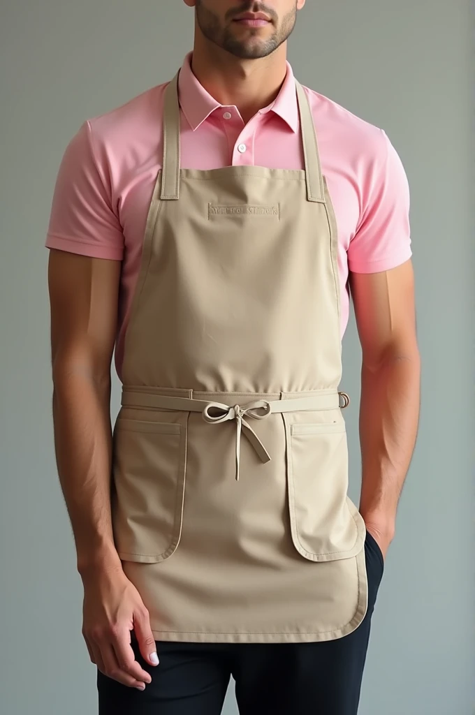 A person wearing a pink polo shirt and beige apron and black pants