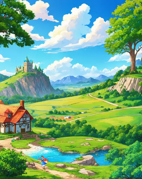 "fantasy adventure setting, lush green grassland, open field, clear blue sky with fluffy white clouds, distant castle on a hill, mountains in the background, anime-style vibrant illustration, adventurers in heroic poses, one adventurer pointing to the hori...