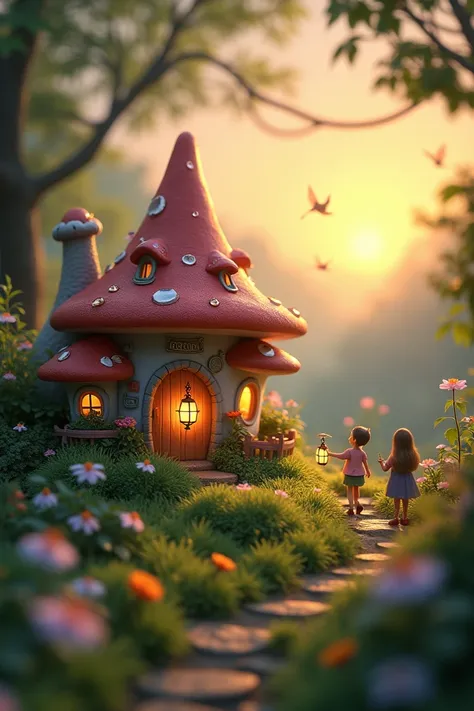 3. Fairy Village at Dawn
A tiny village of mushroom houses nestled in a meadow, with fairies flying around carrying glowing lanterns as the first light of dawn breaks .