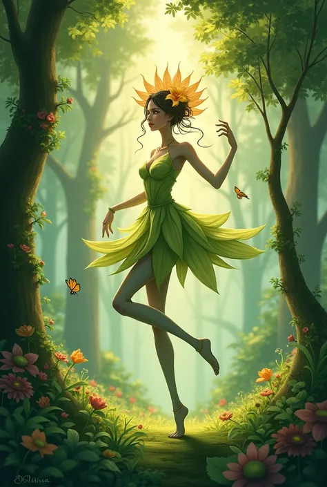 Full body illustration of a female humanoid flower dancing in the woods