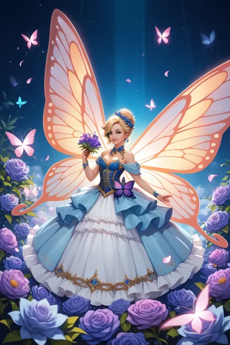 Fairy with big wings.  Her wings have bright colors :  one wing is yellow , and the other is blue .  The fairy is dressed in a dress with elements of blue and purple flowers,  decorated with butterflies and jewels .  She has blond hair ,  decorated with fl...