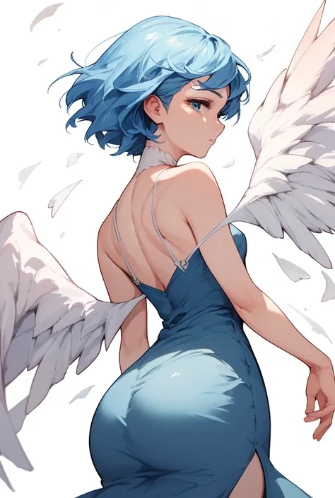 Mature woman, blue hair, short hair, blue eyes, fair skin, white wings, long blue dress with white stripes, wings, anime style,Small breasts, big ass ,From the front 