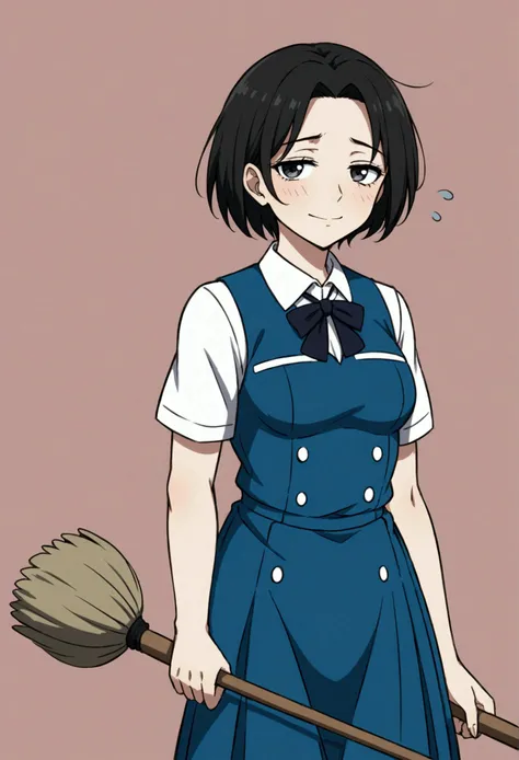 Beautiful girl, short hair, janitor Uniform, tired, shy smile, school, mop, janitor, school janitor