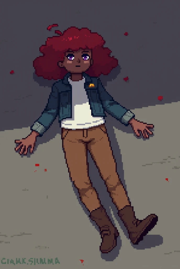  Create me a character with red hair , purple eyes,  dark skin color , white shirt,  brown jacket denim pants, brown boots , That shes fainted on the floor and that its pixel art