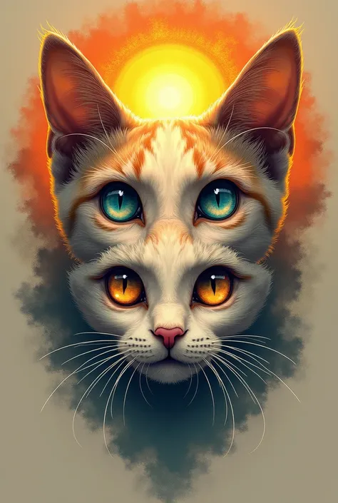 Create a tattoo of 3 cats that are only their eyes in a spiritual way with a sun behind them 