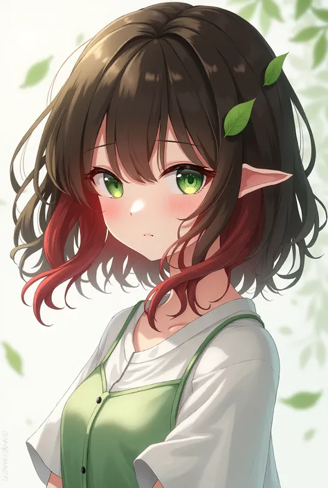 girl with short brown and red hair, left eye green, right eye covered with hair, wearing leaf hair ornaments and a white shirt