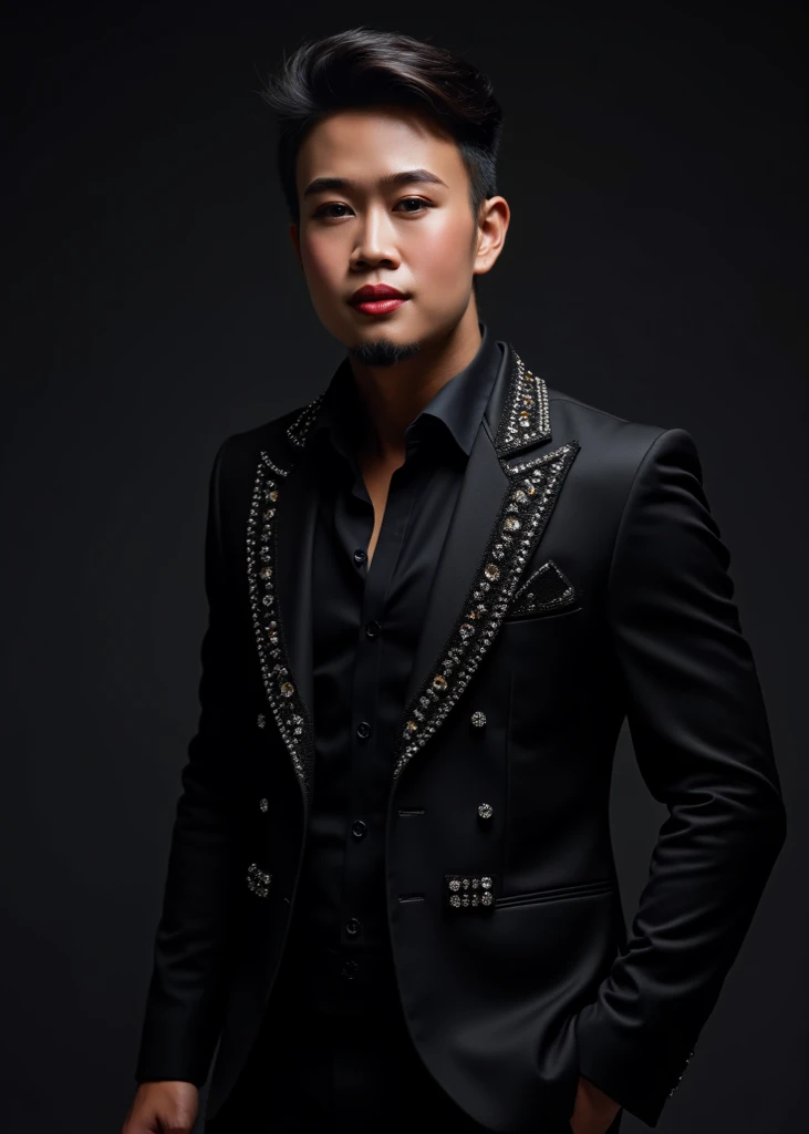 The Asian male rapper wore a black suit with rhinestones and a black shirt underneath. He is 30 years old. He has a healthy and masculine physique.  He looked straight into the camera