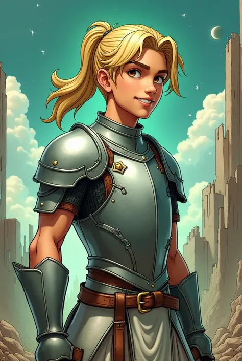  Make a young man with blond hair and brown eyes ,  he has a ponytail hairstyle and his hair is wavy ,  he has a medieval style iron armor that is broken , Missing chunks,  he is thin but has a bit of muscle ,  wears an improvised skirt in the color silver...