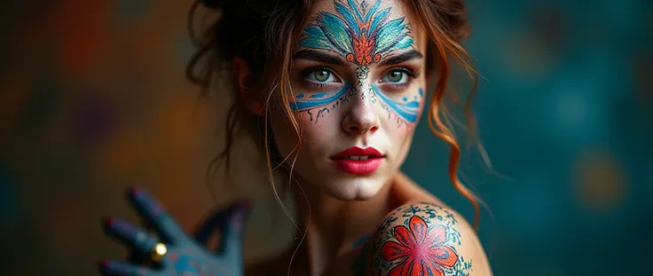 a beautiful womans body painted with colorful abstract patterns, intricate body art, vibrant colors, floral and organic designs, elegant poses, dynamic composition, dramatic lighting, photorealistic, (best quality,4k,8k,highres,masterpiece:1.2),ultra-detai...