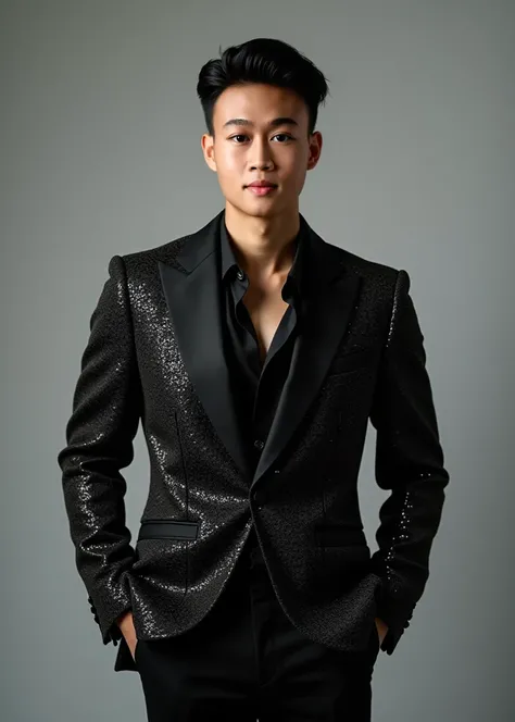 The Asian male singer wore a black suit with rhinestones and a black shirt underneath. He is 30 years old. He has a healthy and masculine physique.  He looked straight into the camera