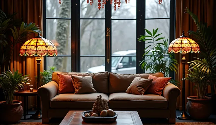 8kquality,living, Dark brown fabric sofa in front of the large window , Dining table in front of the sofa , A high-class stained glass lamp is placed on the table , A stained glass floor lamp and large potted foliage plants are placed next to the sofa, A n...