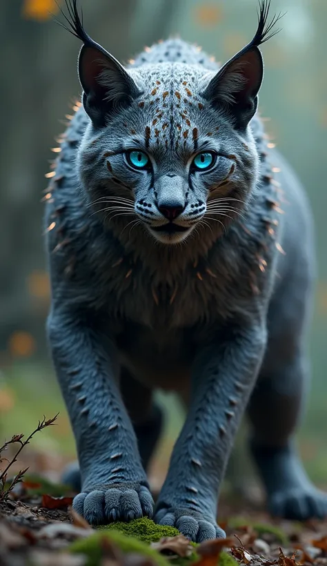 "A fearsome lynx hybrid with a muscular feline chest and forelimbs rippling with power, seamlessly fused with the long, segmented body of an armored millipede. Its sleek fur glistens with vibrant, iridescent patterns that shimmer under the faintest light, ...