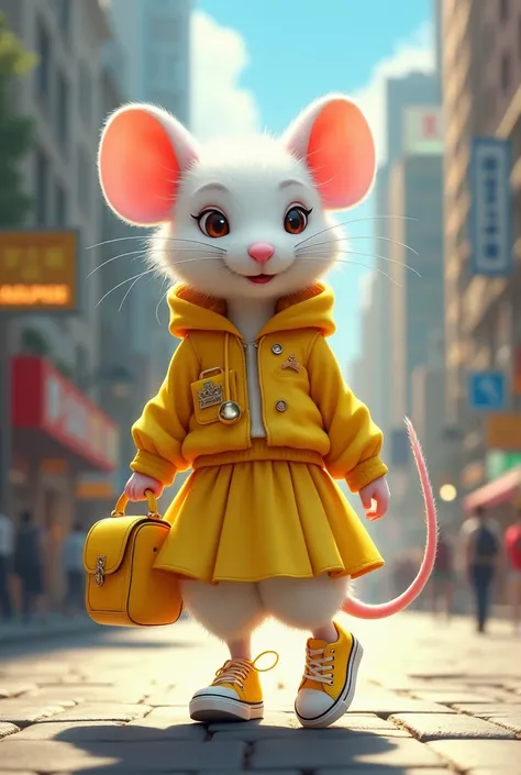 a female white rat, yelow skirt, yelow bouse, yelow tenis, yelow bag, walking in the city