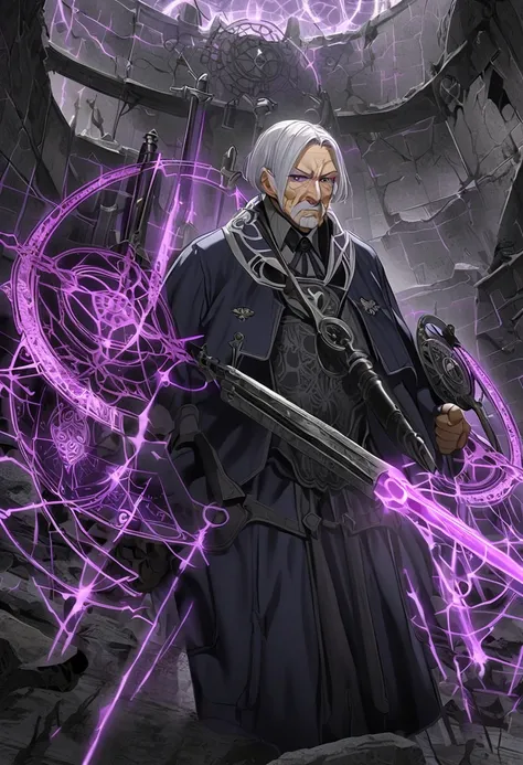 Cool Old Man、 50-year-old man、、uniform, Alone, 1 male,  Shorthair,  purple eyes,  gray hair color、Gray Hair, dark blue clothes, Necromancer 、Purple Magic Circle 、Old Equipment 、 Rusted Swords 、ruins