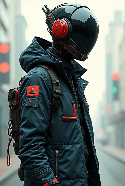 Cyberpunk fashion man、He is wearing a helmet and his face is not visible.、solo, Multiview, Background blur, Japanese illustration style, face to face