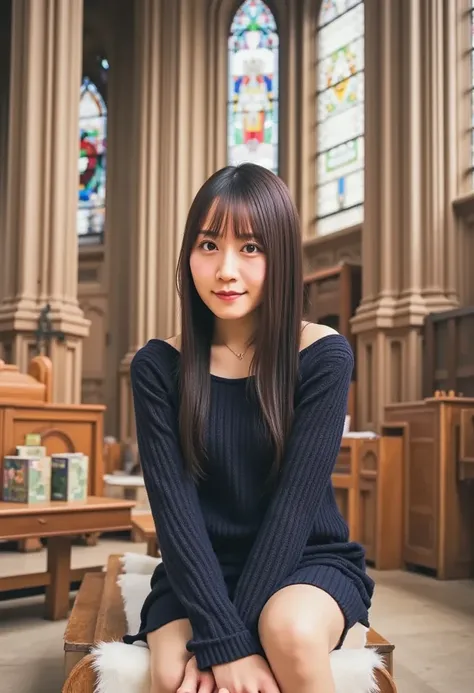 masterpiece,  top quality ,  illustrations,  ultra detail showing the cathedral,  Finely Details,  high res, 8k wallpaper,  perfect dynamic configuration,  beautiful detailed eyes,   natural lips, dark blue knit dress ,  small breasts,  crosses legs