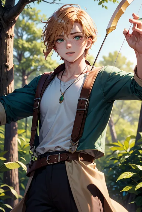 A young adult man with strawberry blonde hair. He has light green eyes. He has a lot of freckles, the freckles are very obvious. He is an archer, he will have a bow and arrows. He is in the forest 