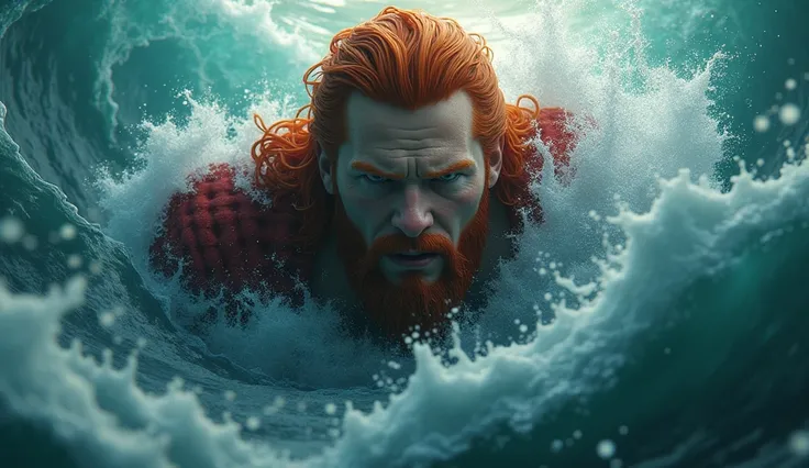 Red-haired god Thor submerged in the sea with a downward view of the hyper realistic face