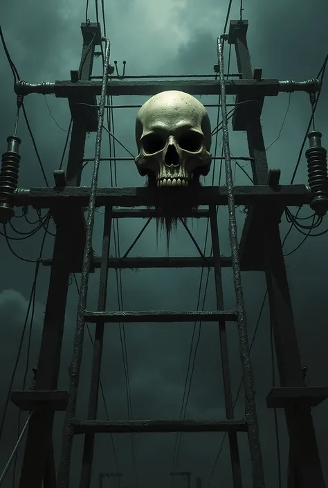 image of an electrical ladder  , with electrical transformer and a skull .