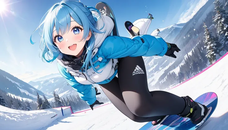 panoramic, low-angle, (ride on detailed big Snowboard), ((pro Snowboarder style)), ((master anatomy, perfect somersault:1.5 pose)) ((jumping to above sky)), ((somersault:1.5 pose illustration)), break, solo, (age 15, ultra cute and beautiful Professional s...