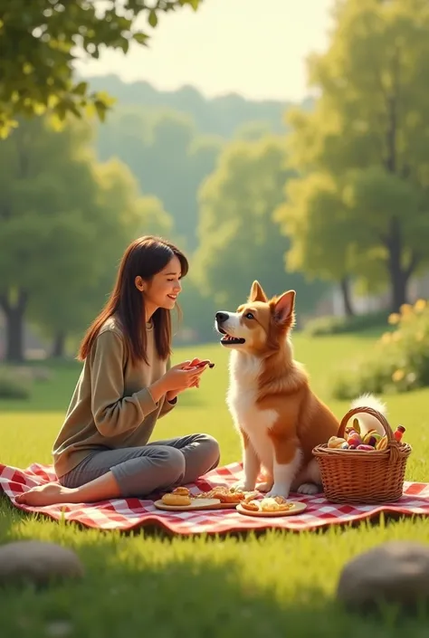 Picture a dog and owner having a picnic