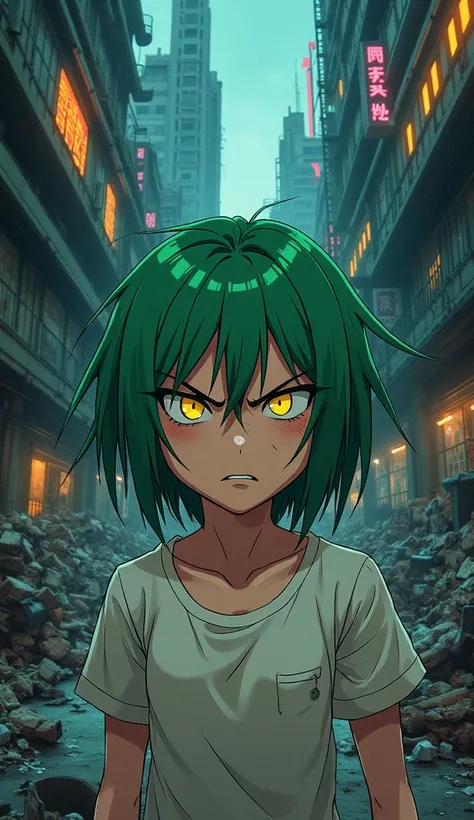   anime style illustration , yellow eyes , angry , white t shirt with some dirt , green short hair , hiding inside garbage place in cyberpunk futuristic city