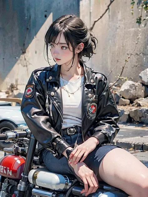 ( motorcycle riding:1.5, ハーレーダビットソン)、( A sports bike that is completely mechanically correct )、  is completely anatomically correct、Extremely beautiful young woman、1 person、 beautiful faces,  beautiful delicate eyes,  black hair,  short bob hair、 leather j...