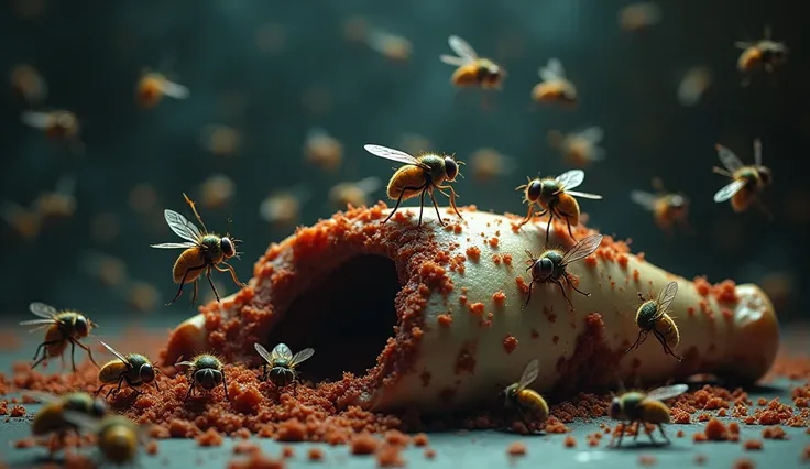 Flies flying over decomposed food