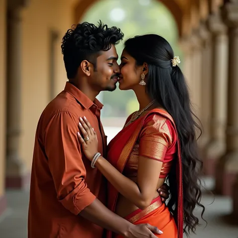 Indian couple 18 years old have caught each other and are kissing. The guy is holding the girl from behind, the girl is wearing a saree but the boy has kissed her by touching her boobs and the girl has glanced towards him, the boy is smiling and the girl t...