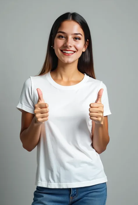 Latin woman,  wearing a white t-shirt , with round neck, short sleeve,  jean pants,  fully visible polo, out of the pants , Full polo shirt is enough visible, looking ahead smiling, Hands far away from the chest, giving a thumbs up with both hands,  jean p...