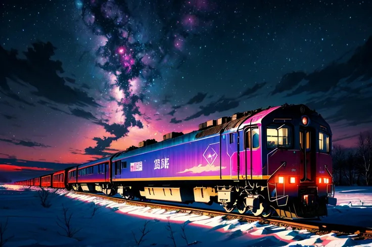 anime scenery of a huge train running on a vast winter plains under a starry night,  purple pink sky , Half Moon, train,winter, Snowy,train focus,   girls of height below look thick but   , anime art wallpaper 4k, anime clouds , Xin Haicheng cyril rolando,...