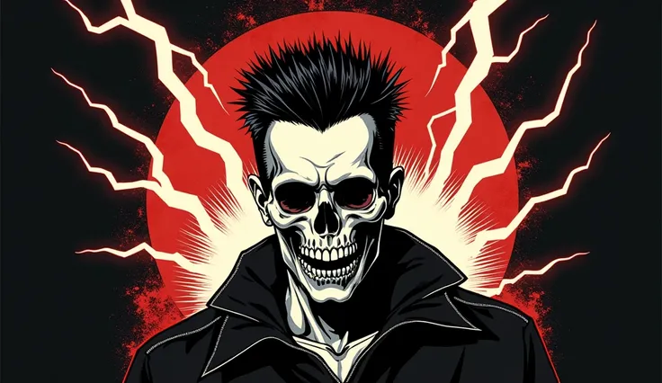 DOKO band logo. The logo is a scary pop style image of a man with a skull and a short haircut. Lightning flashes around him, radiating energy.