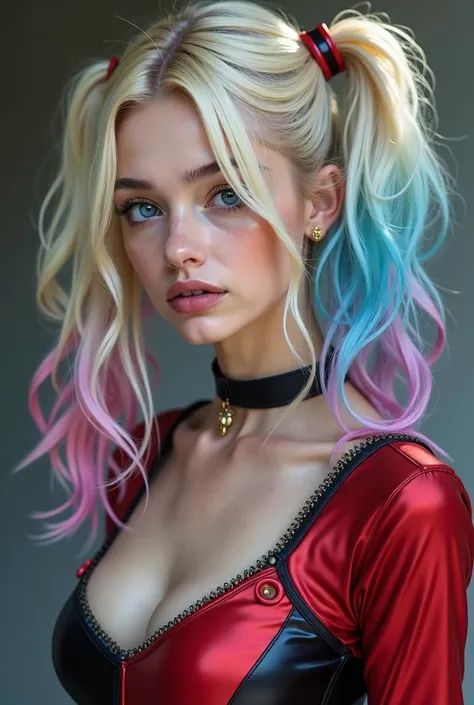 Generate a Caucasian young woman in her 30s with bleached white skin and blue eyes, with an athletic body type,She has long blonde hair in a pigtails style, which is dyed at the ends in blue and pink shades. also is completely naked