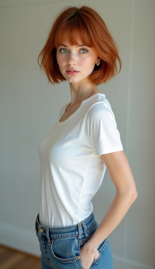 Full length photo shoot, realistic human female in her 20s. Short, reddish-brown hair with straight bangs. Green eyes, set wide apart. Almond-shaped eyes. Vibrant, slightly shiny eyes. Extremely large, shiny lips. Big breasts, big butt. Wears a white t-shi...