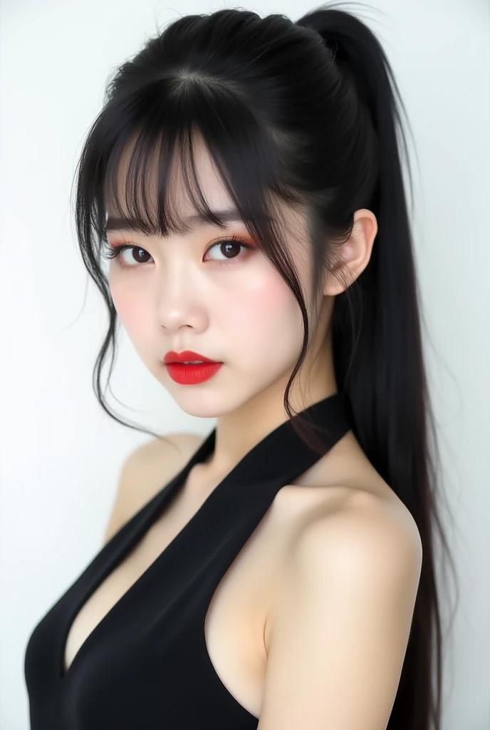 A beautiful Korean girl with black hair. She is twenty years old with a Korean face. She is wearing a black  halter neck dress. She has cream eyeshadow and deep red lipstick. She has a quiet, indifferent, and stern appearance without a smile and a serious ...