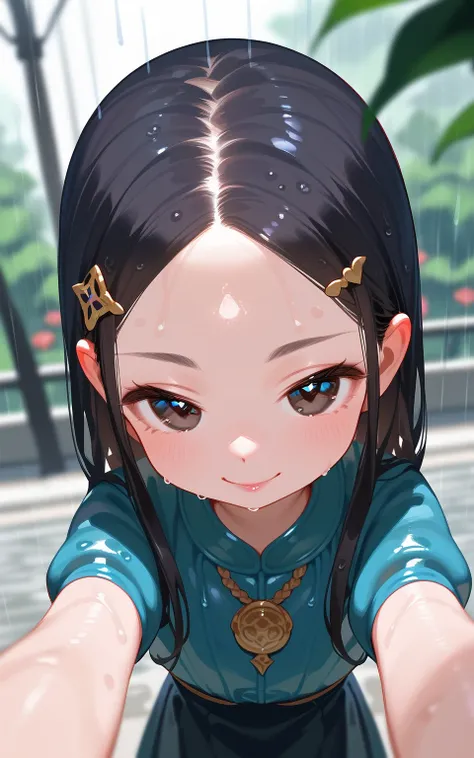 masterpiece,best quality,ultra-detailed,super detailed skin,perfect anatomy,detailed,beautiful detailed eyes,long hair,forehead,straight hair,black hair,black eyes,(loli:1.2),petite,flat chests,(naughty face:1.2),
Rain, wet, from above,dynamic angle,pov, b...