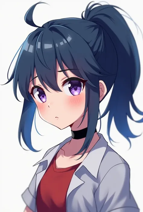  Animated boy with medium jet blue hair with a ponytail ,  with a relaxed look with purple eyes , He is wearing a black collar ,  wears a white shirt with an open t-shirt in opaque red and opaque blue,  with a calm expression looking diagonally  