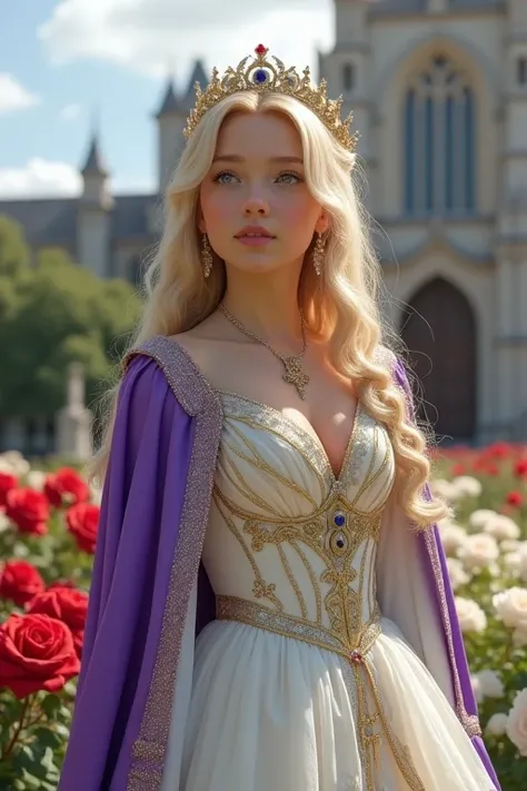 A young girl from a fantasy kingdom, around 20 years old, with radiant pale skin, long golden hair neatly braided, and bright blue eyes like the morning sky with large breasts. She wore an elegant royal dress, ivory white with gold and silver accents, deco...