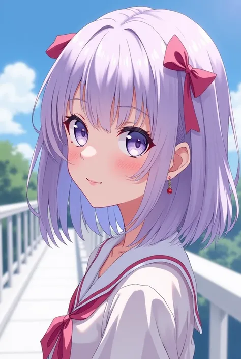 In a subculture anime picture, draw a girl with light purple hair color and hime-cut , white bridge,  gray eyes,  ribbon hair. Shes about 18 years old