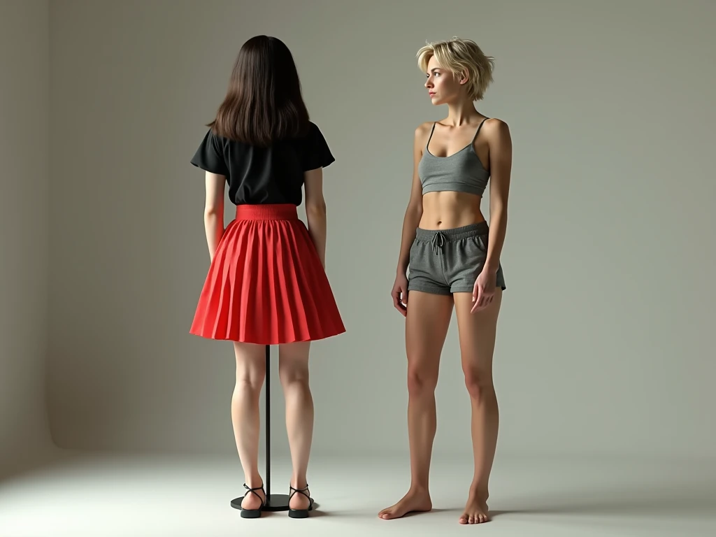 Short blonde hair woman wearing grey shorts and grey bra standing barefoot next to Mannequin wearing long brunette wig and black shirt with red pleated skirt and flat shoes 