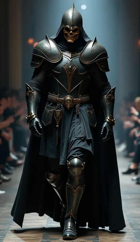 dark knight:  “Male model parading in a dark knight costume ,  with dark armor and details of aged gold .  The costume completely covers the body ,  with imposing shoulder pads and a long cape that creeps down the runway. The helmet, with a skull mask, giv...