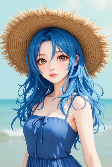  Blue Haired Anime Girl Wearing Grass Hat and Blue Dress, artwork in the style of Guvez,  Beautiful Anime Portrait , Guvez,  Beautiful anime girl , beautiful  anime style ,  blue-haired anime girl ,  anime style . 【8k,  in the art style of Potter water , B...