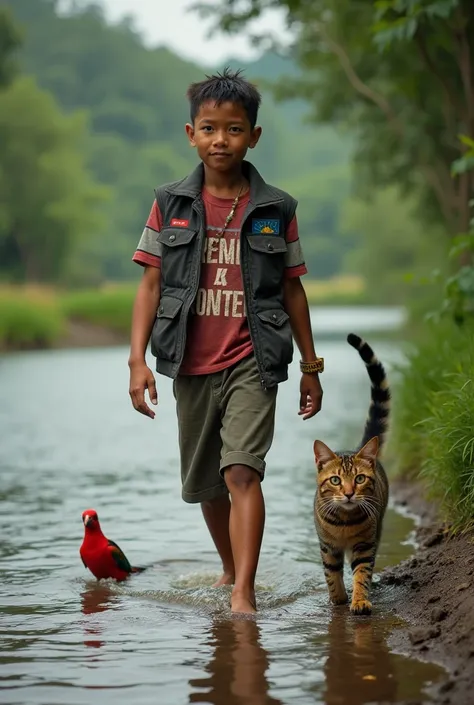 Indonesian village youth, 30 year old coolie, looking dashing at the camera, wearing a vest with the words "TRENDY KONTER" walking along the river bank accompanied by a three-striped cat and a red bird in the middle of the wilderness