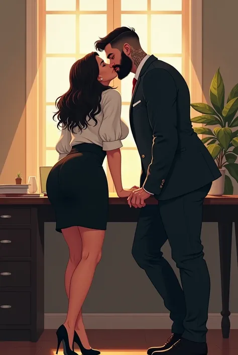  Beautiful illustration of lovers in the office , eminers to love,  a beautiful sensual couple .  She is a very beautiful woman ,  curvaceous and volutuous , chubby, gorda, with a lot of curves ,  slightly overweight.  She wears a knee-length black skirt ,...